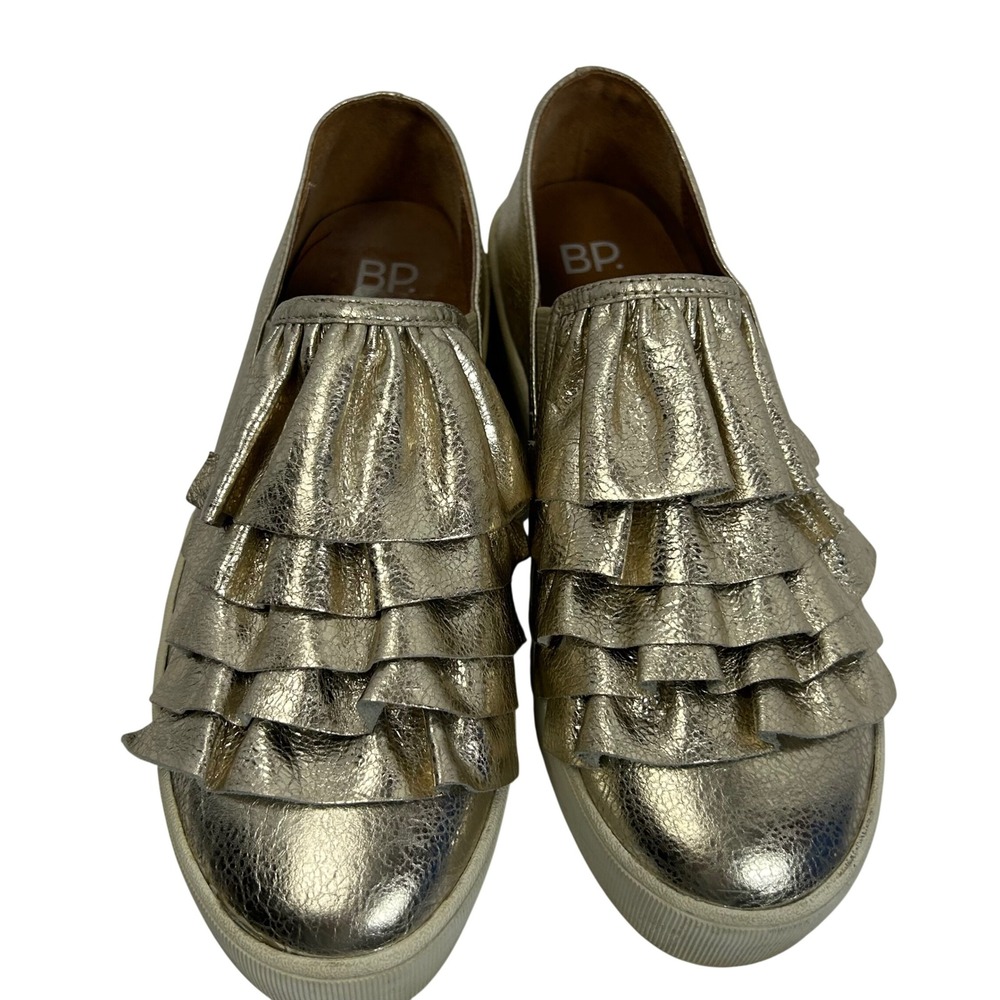 BP Metallic Gold Leather‎ Ruffle Slip On Platform Sneakers Womens 7M Tiered